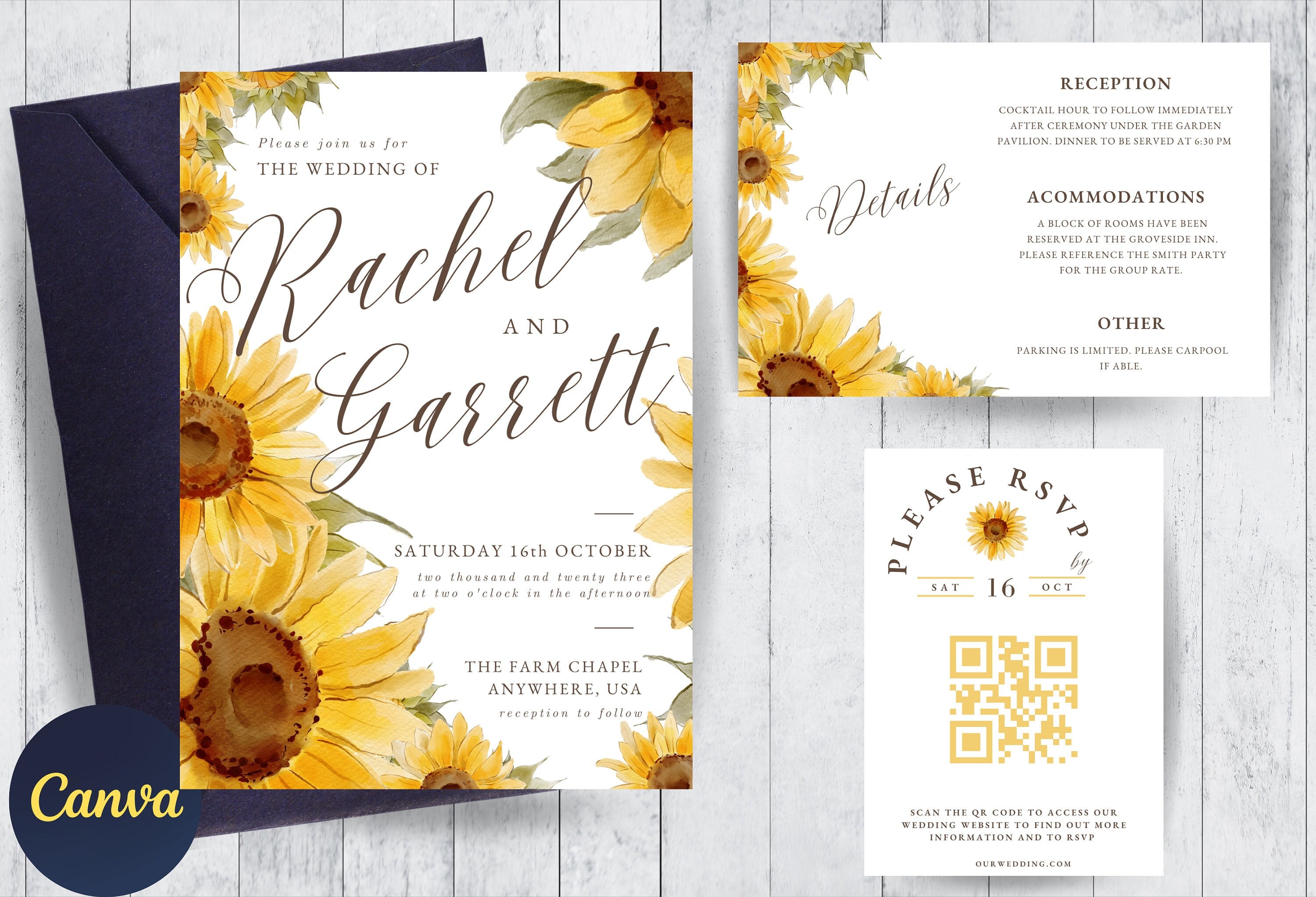 Invitación de boda con girasoles: Plantilla editable de Canva (descarga  digital) - Etsy México, image size:3000x2045