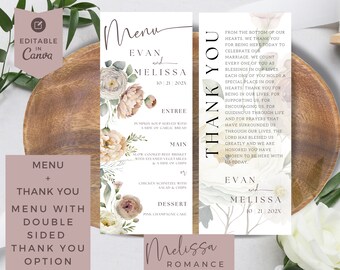 Blush Floral Wedding Menu & Thank You Card Template (Digital Download)
