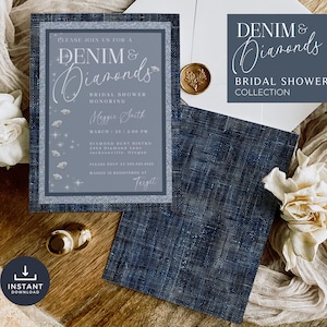 Denim and Diamonds Bridal Shower Invite, Blue Jeans and Bling, Bachelorette Party, Editable Invitation, Canva Template, Glam Bridal Shower