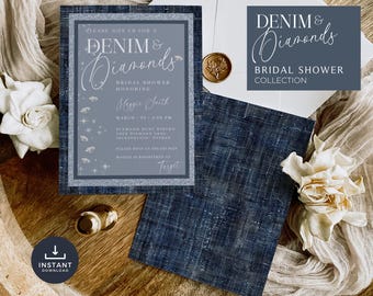 Denim und Diamanten Brautdusche einladen, Blue Jeans und Bling, Junggesellinnenabschied, bearbeitbare Einladung, Canva Vorlage, Glam Brautdusche