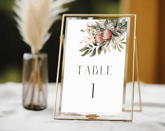 Protea Floral Hochzeit Tischnummern: Blush Pink & Sage (bearbeitbarer Download)