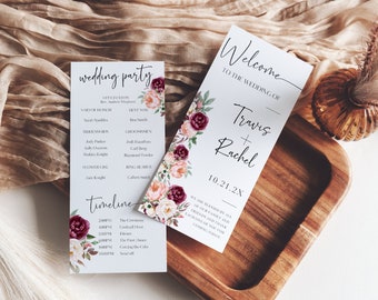 Burgundy and Blush Wedding Program, Double Sided Wedding Program Template, Canva Instant Download, Printable Program, Order Ceremony, Rachel