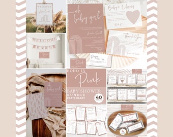 Könnte beinhalten: Ein boho-thematisches Baby Shower-Druckpaket in Pink mit 40 Vorlagen. Das Paket beinhaltet Einladungen, Dankeskarten, Willkommenszeichen, Windel-Tombola-Karten und Spiele. Der Text "Boho in Pink Baby Shower Bundle Party Ready 40 Templates" ist auf dem Bild sichtbar.