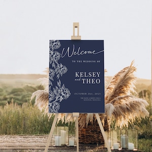 Blue Floral Wedding Welcome Sign, Floral Wedding, Navy Wedding, Dusty Blue Wedding, Editable Canva, Large Wedding Sign, Wedding Decor, Rose