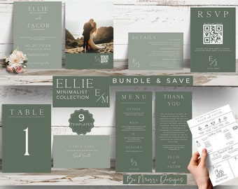 Sage Green Monogram Wedding Invitation Suite: Editable Canva Template (Digital Download)