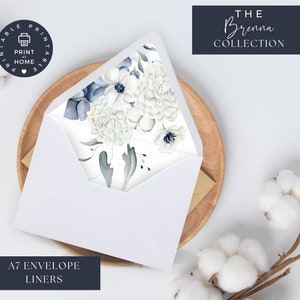 Umschlag Liner Hochzeit, DUSTY Blue Floral Hochzeit, A7 und A7 Euroflap Liner, druckbar und editierbar, Canva download, Brenna
