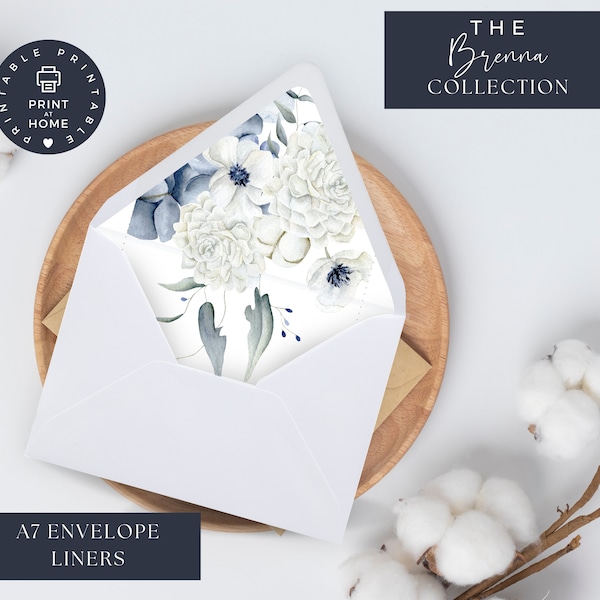 Envelope Liners Wedding, DUSTY Blue Floral Wedding, A7 and A7 Euroflap Liners, Printable and editable, Canva download, Brenna