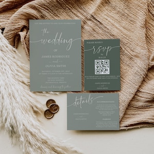 Sage Green Wedding Invitation Bundle | Instant Download | Editable in Canva | Modern Wedding Invitation Suite | QR Rsvp | PHOTO Invite