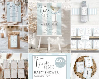 Babyshowerpakket met Martini-thema, een baby met het thema 'Tini One' is onderweg, babyshower spelletjes, printbare borden, uitnodiging, luierloterij, welkomstbord, Canva-bewerking