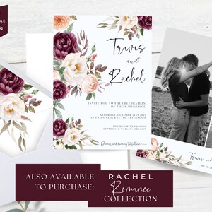 May include: Wedding invitation with a floral design in shades of burgundy, white, and peach. The invitation features the names "Travis and Rachel" and details for their wedding on October 21st, 2023. The invitation is surrounded by a floral border.