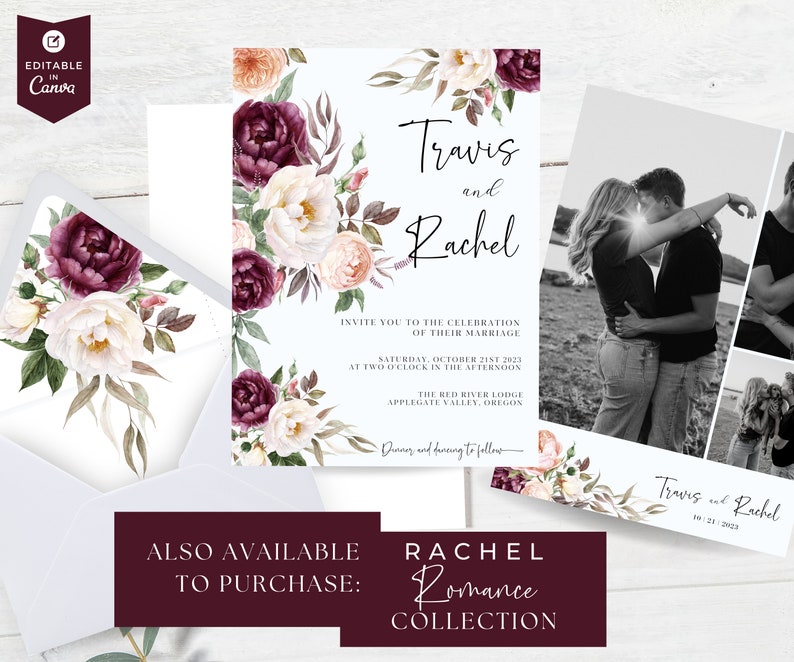 May include: Wedding invitation with a floral design in shades of burgundy, white, and peach. The invitation features the names "Travis and Rachel" and details for their wedding on October 21st, 2023. The invitation is surrounded by a floral border.