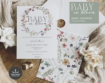 Baby in Bloom, Boho Wildflower Baby Shower Invitation: Editable Canva Template (Digital Download)
