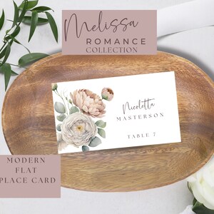 Canva de cartão de lugar de casamento plano, modelo de cartão de lugar rosa blush, modelo editável, cartões de lugar dobrados para impressão, cartões de nome de mesa