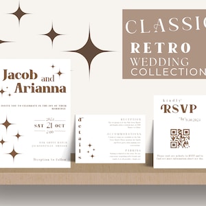 Retro Wedding Invitation template Canva | Mid Century Modern | QR code | Modern Retro Editable Wedding Invite | Groovy | Stars |  Neutral