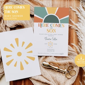 Here Comes The SON Baby Shower Invitation | Sunshine Baby Shower | Baby Boy Shower Invite | Digital Template | Sunshine Rainbow Boho | DIY