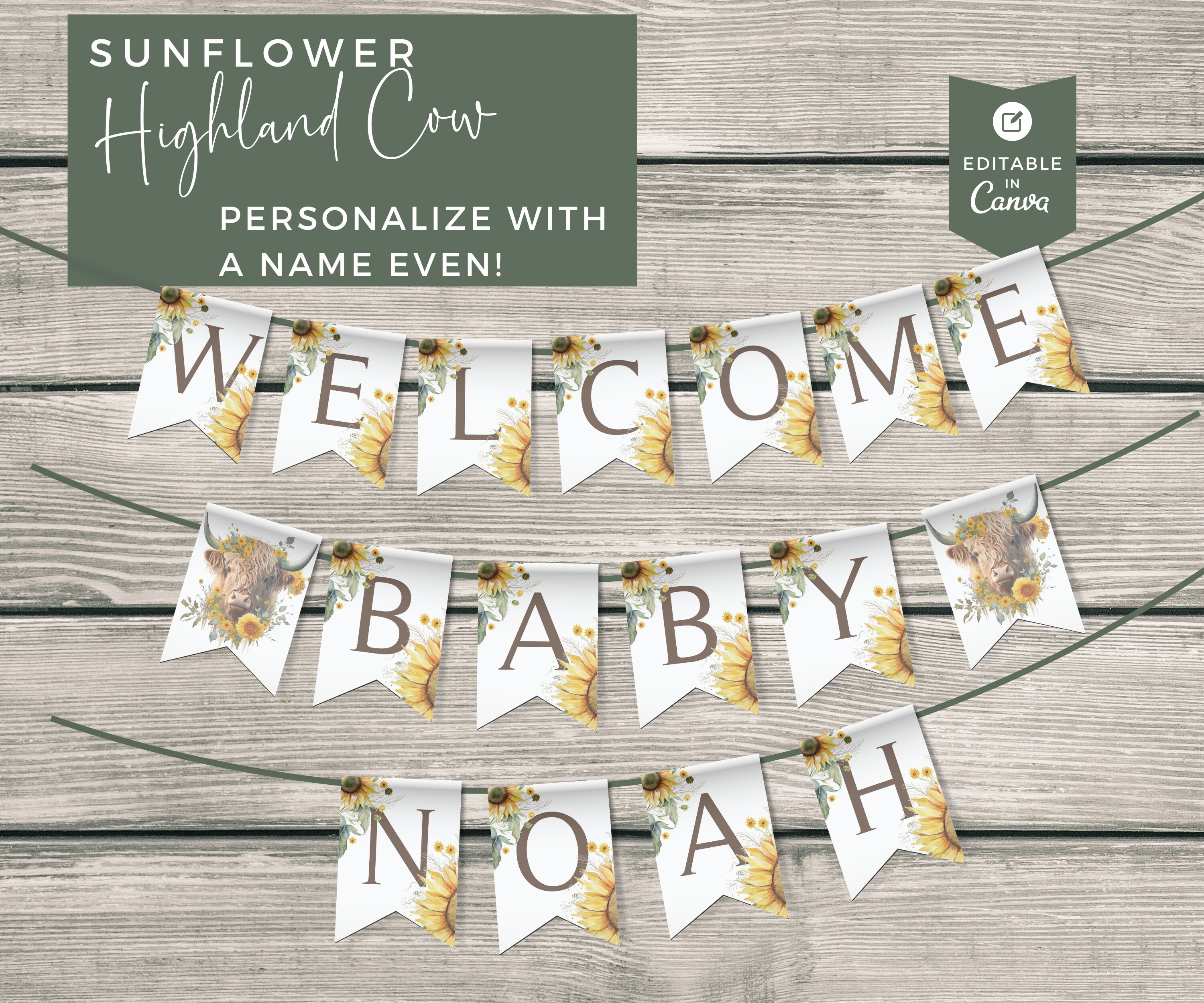 Highland Cow Baby Shower Banner Template, SUNFLOWER Baby Shower Bunting