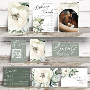 Sage Green Wedding Bundle, Elegant Green Floral Wedding Invitation Set, Editable Instant Download Canva, Romantic Wedding Florals, Printable