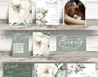 Invitaciones de boda florales en verde salvia: Plantilla editable de Canva (descarga digital)