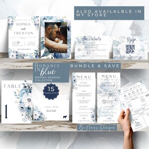 May include: A wedding invitation suite in a blue and white watercolor style with floral designs. The suite includes a save the date card, invitation, RSVP card, details card, menu, and table number card. The text on the invitation reads "Sophia and Trenton".