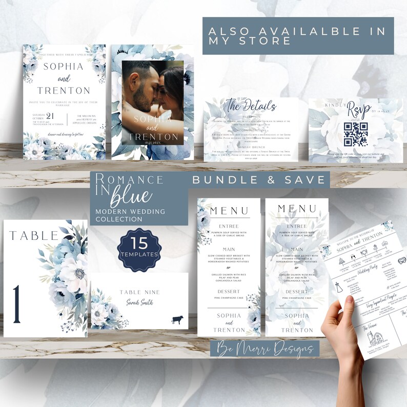 May include: A wedding invitation suite in a blue and white watercolor style with floral designs. The suite includes a save the date card, invitation, RSVP card, details card, menu, and table number card. The text on the invitation reads "Sophia and Trenton".