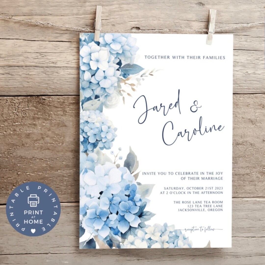 Blue HYDRANGEA Wedding Invitations Canva Invite With Photo Etsy