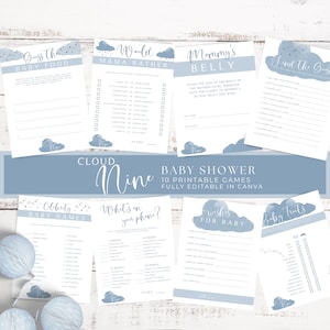 Cloud Nine Baby Shower Game. Boy Baby Bundle. Cloud 9 Shower. Fun Baby Shower Games. Baby Traits. Guess the Food. Printable. Editable. Canva