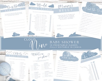 Gioco Baby Shower Cloud Nine. Pacchetto bambino/ragazzo. Doccia nuvola 9. Divertenti giochi per il baby shower. Tratti del bambino. Indovina il cibo. Stampabile. Modificabile. Tela