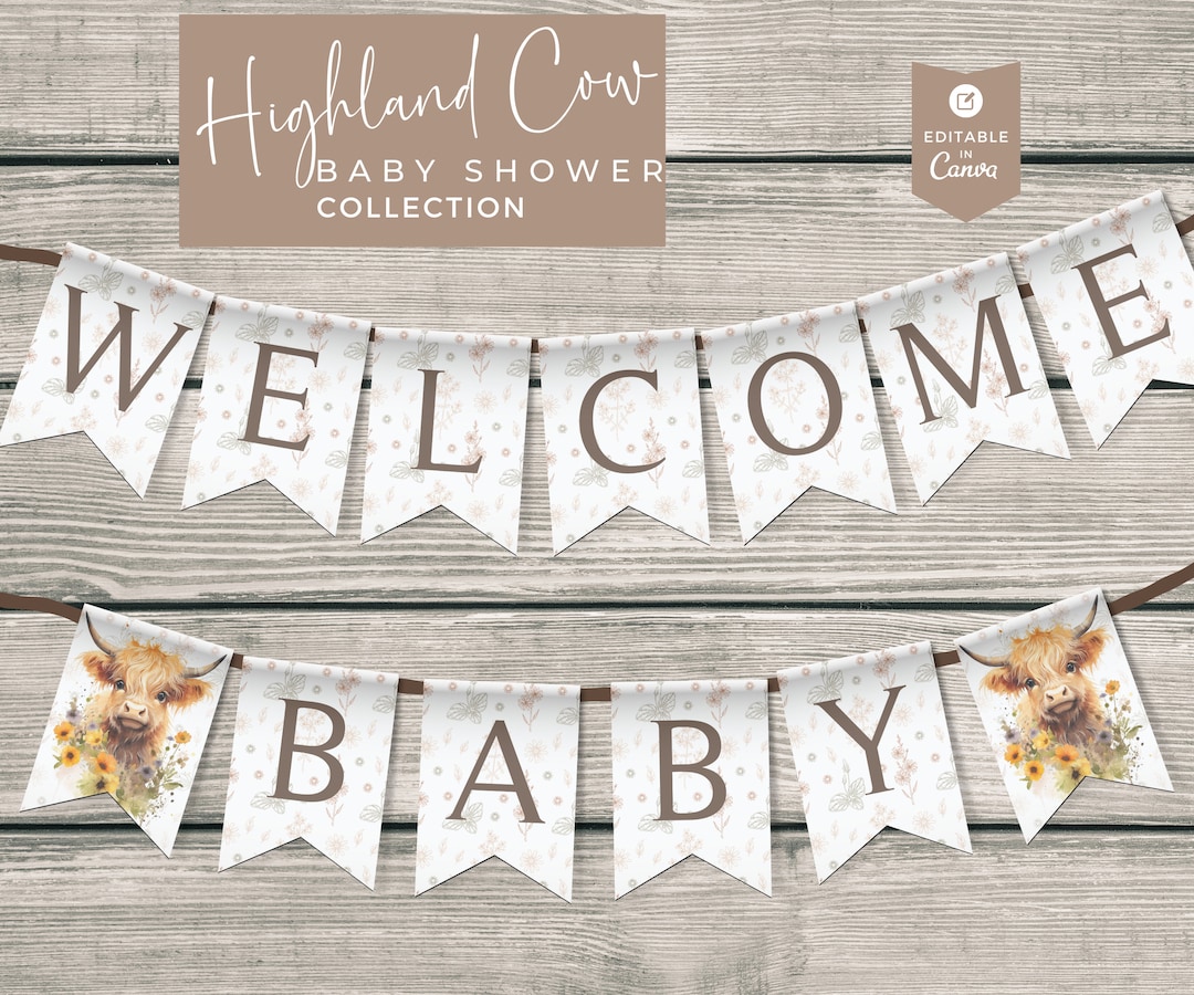 Highland Cow Baby Shower Banner Template, Boho Baby Shower Bunting