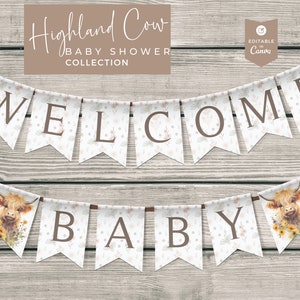 Highland Cow Baby Shower Banner Template, Boho Baby Shower Bunting, Country Baby Shower Banner, Editable Printable in Canva, Holy Cow Baby