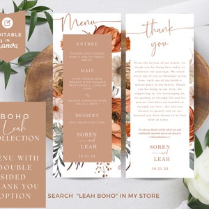 Hochzeit Menü Danke Canva Vorlage, Boho Rustikal Floral, Danke, druckbares Menü, Gedeck Danke, bearbeitbarer Download, Leah Boho