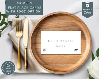 Place Card with meal option Canva, Minimalist, Editable Wedding Template, Printable Folded place cards, Table Name Cards, Meal Option