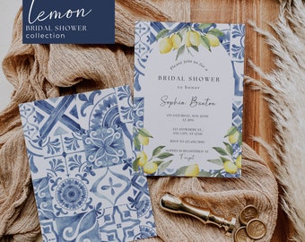 May include: Bridal shower invitation set with a country lemon theme. The invitation features a watercolor design with lemons and blue tile patterns. The set includes an invitation and an envelope with matching patterns.