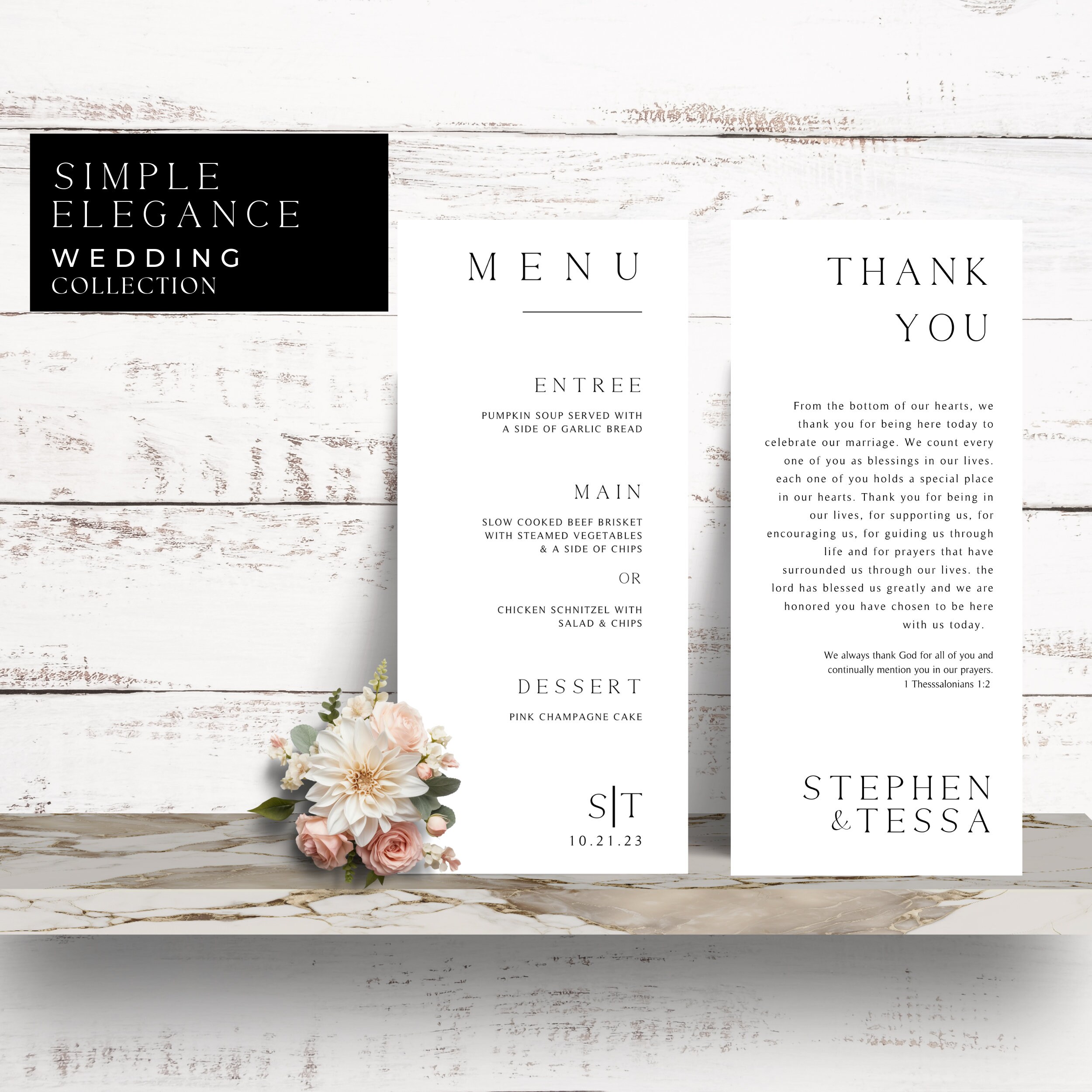 Elegant Menu Thank You Note Template, Modern Wedding, Thank You, Printable Menu, Place Setting Thank You, Editable Download, Black and White