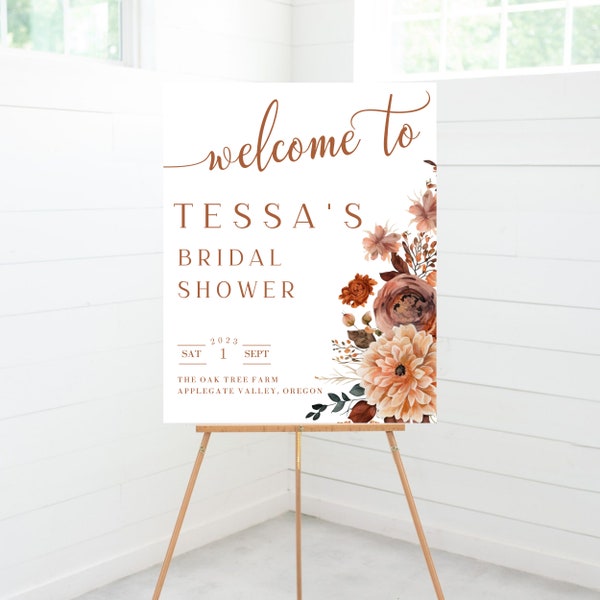 FALL Into Love Bridal Shower Sign, Bridal Welcome Shower, Rustic Shower, Boho Floral Shower, Editable, Welcome Sign, Rust, Terracotta