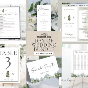 MOUNTAIN Day Of Wedding PAKET | Bearbeitbare Hochzeitssuite | Canva Hochzeit Bundle | Programm | Menü | Sitzplan | Tischkarte | Wald