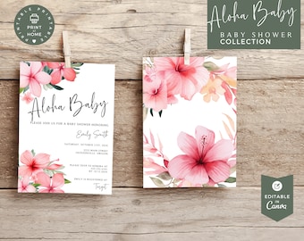May include: Printable baby shower invitation with a pink hibiscus flower design. The invitation says "Aloha Baby" and includes the text "Please join us for a baby shower honoring Emily Smith".