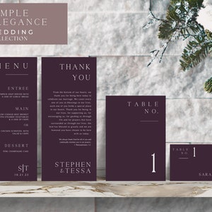 Pacote de configuração de mesa de casamento, casamento roxo ameixa, menu, nota de agradecimento, cartão de lugar, número da mesa, configuração de lugar, modelo editável, inverno