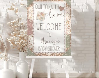Quilted with Love Baby Shower Sign | Sewing Baby Shower | Cottagecore | Patchwork Quilt Welcome Sign | Editable Template | Sewn with Love