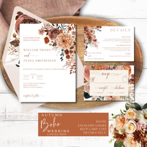 Hochzeit im Herbstseinladung Canva, Terrakotta, bearbeitbar bearbeitbar, QR-RSVP-Detail, gebrannte Orangen-Rostblumen, Umschlagvorlage, Herbst Boho