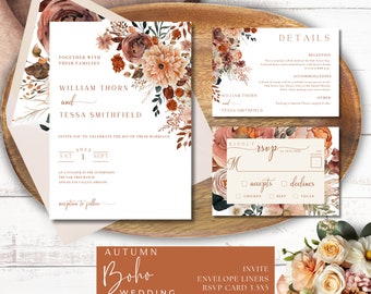Invito a nozze autunnale Canva, terracotta, stampabile modificabile, dettaglio QR RSVP, fiori ruggine arancione bruciato, modello di busta, autunno Boho