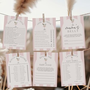 May include: Set of printable baby shower game cards with pink and white stripes. The cards feature a martini glass with a baby chick inside. The games include "Baby Family Feud", "Over Under", "Mama's Belly", "Would You Rather", "Guess the Baby Food", and "Celebrity Baby Names".