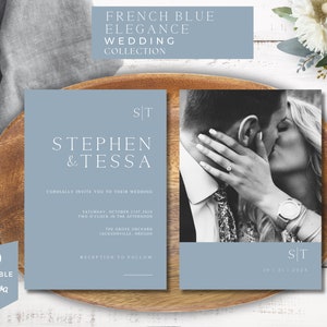Dusty Blue Formal Wedding Invitation, Invite with Photo, Monogram Invite, Editable Digital Instant Download, French Blue, Elegant Wedding