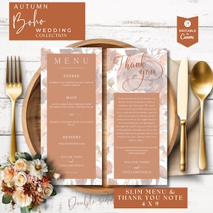 Herbst Hochzeit Menü und Danke, Moderne Hochzeit, Danke, Boho Terrakotta Rost, druckbares Menü, Gedeck Danke, bearbeitbare Canva