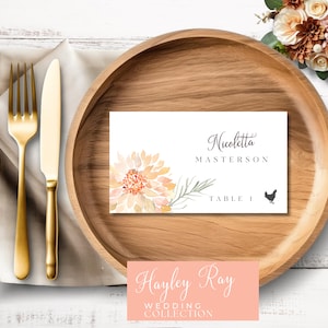 Colocar tarjetas con opción de comida / Naranja Rosa Dahlia Floral / Plantilla editable / Tarjetas de lugar plegadas imprimibles / Tarjetas de nombre de mesa / Haylee Ray