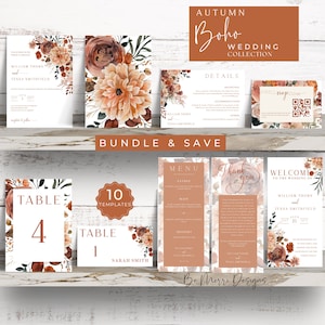 Toile d'invitation de mariage bohème automne, imprimable, menu, numéro de table, RSVP, marque-place, programme, fleurs orange rouille en terre cuite