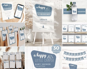 May include: A blue and white baby shower invitation set with a camping theme. The set includes a welcome sign, water bottle labels, favor bags, and a banner. The text on the sign reads "A happy little camper is on his way. Welcome to Tessa and Jeremy's shower. May 23, 202X."