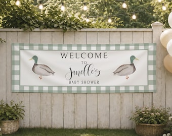 Mallard Duck Baby Shower Banner Template, Gingham, GREEN Baby Shower, 2x6 Banner, Country Baby Shower Banner, Editable Printable in Canva