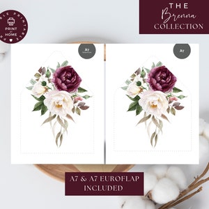 May include: Printable A7 and A7 Euroflap envelopes with a watercolor floral design featuring burgundy and white flowers. The text "THE Brenna COLLECTION" is at the top of the image. The text "A7 & A7 EUROFLAP INCLUDED" is at the bottom of the image.