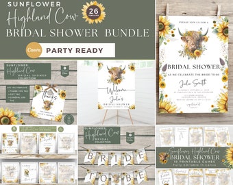 Highland Cow Bridal Shower Bundle: Sunflower Theme (Editable Canva)