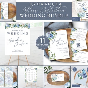BLUE Hydrangea Wedding Bundle, Editable in Canva, Printable, Invite, Welcome Sign, Menu, Table Number, QR code, Seating Chart, Bliss